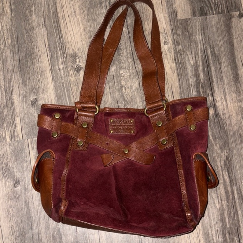 Vintage FOSSIL ADRINA TAN,SADDLE BROWN GENUINE LEATHER+SUEDE